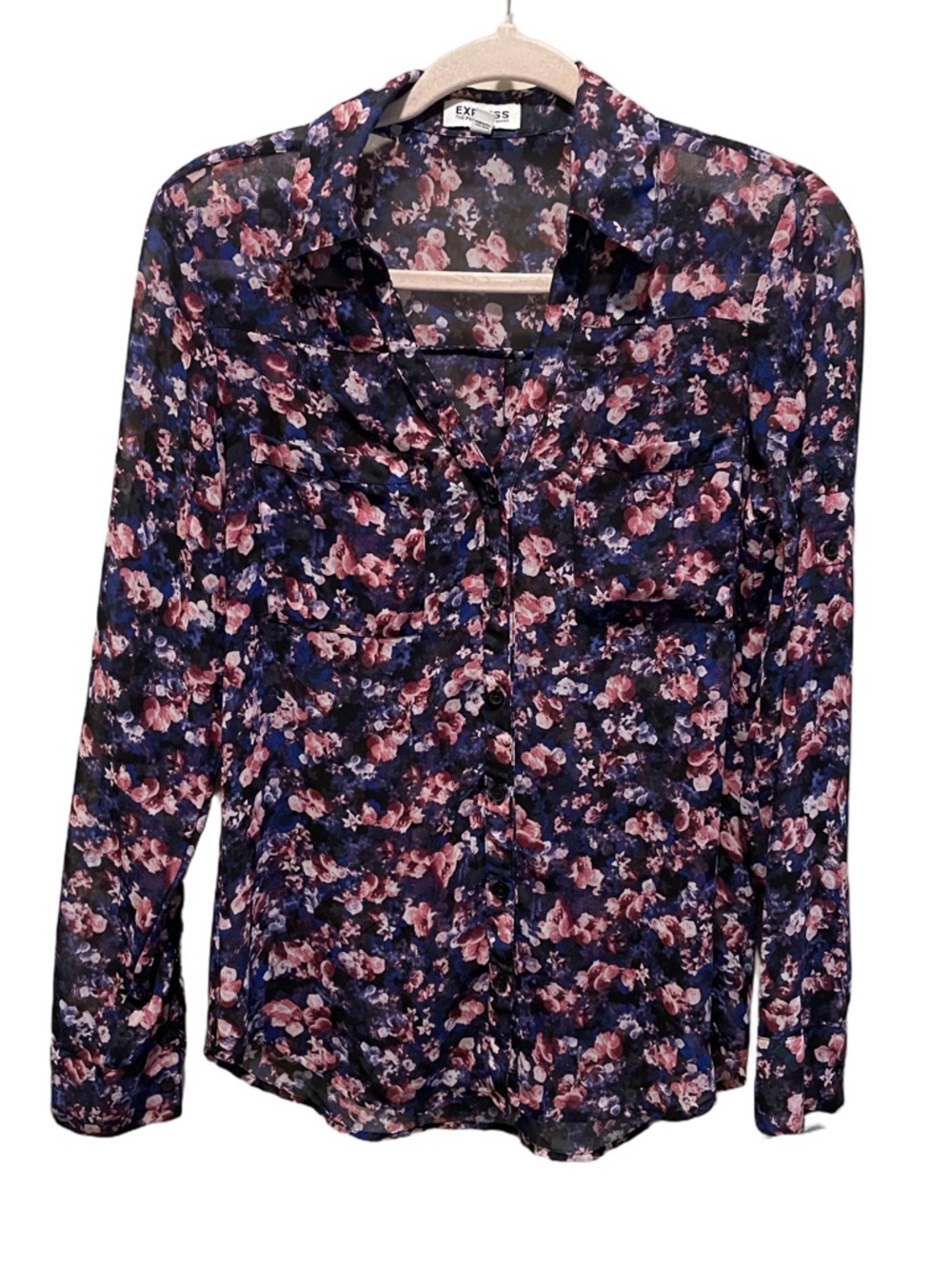 Express Portofino shirt featuring a floral print and sheer fabric. Size S.